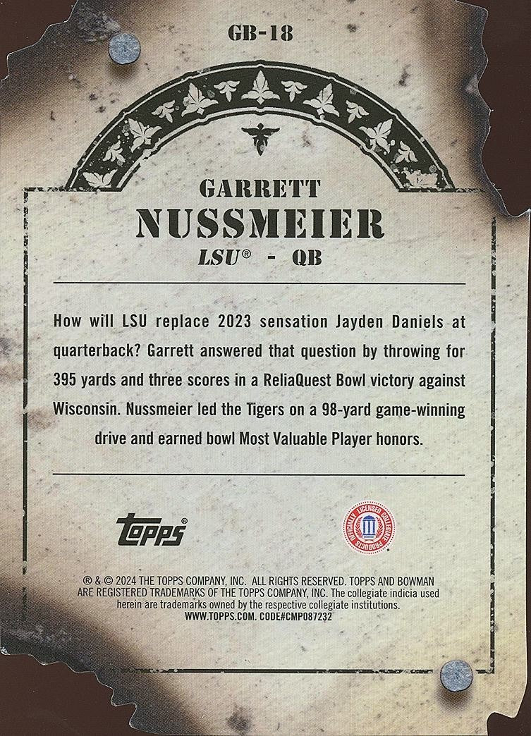 Garrett Nussmeier 2024 Bowman Chrome Gunslinger Orange Refractor RC LSU 1/25