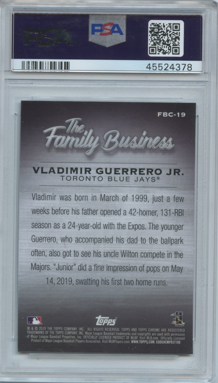 Vladimir Guerrero Jr. 2019 Topps Chrome Family Business Rookie Blue Jays PSA 10