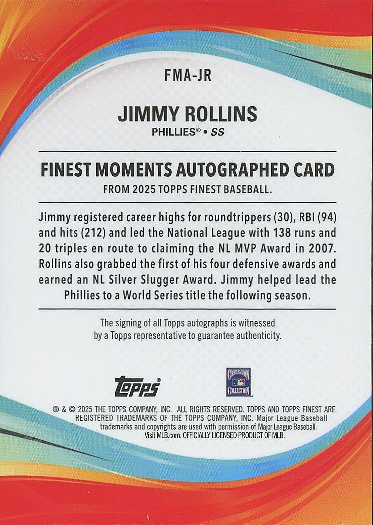 Jimmy Rollins 2025 Topps Finest Auto Autograph Green Philadelphia Phillies 63/75