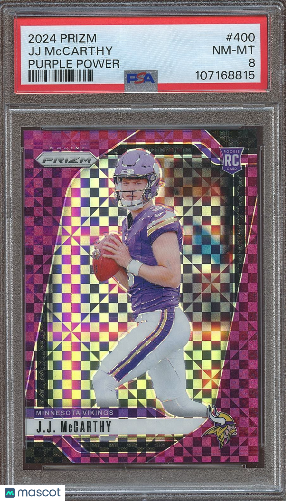 J.J. Mccarthy 2024 Prizm Purple Power Rookie RC Minnesota Vikings 26/49 PSA 8