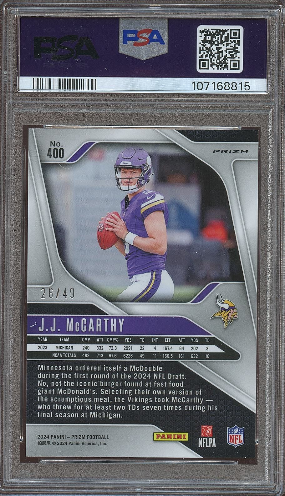 J.J. Mccarthy 2024 Prizm Purple Power Rookie RC Minnesota Vikings 26/49 PSA 8
