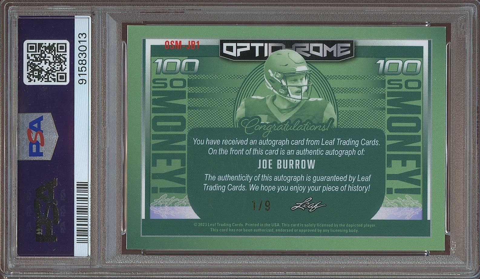 Joe Burrow 2023 Leaf So Money Auto Autograph Cincinnati Bengals 1/9 PSA 9