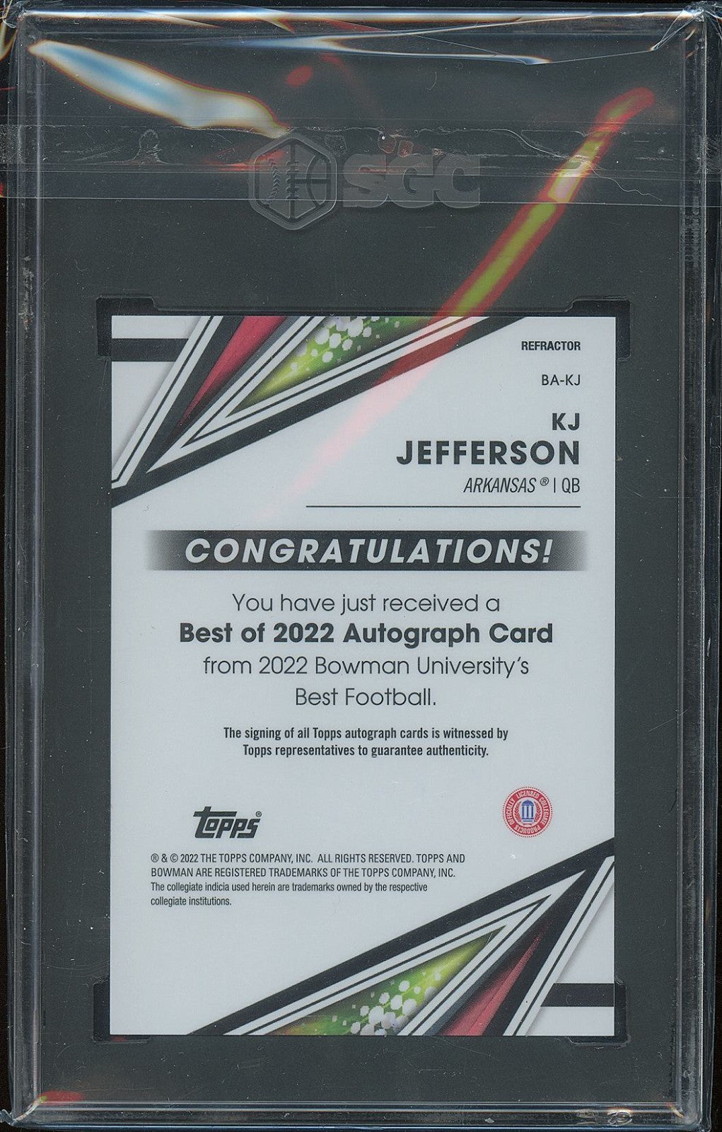 KJ Jefferson 2022 Bowman's Best Auto Autograph RC Rookie Arkansas SGC 9.5 10
