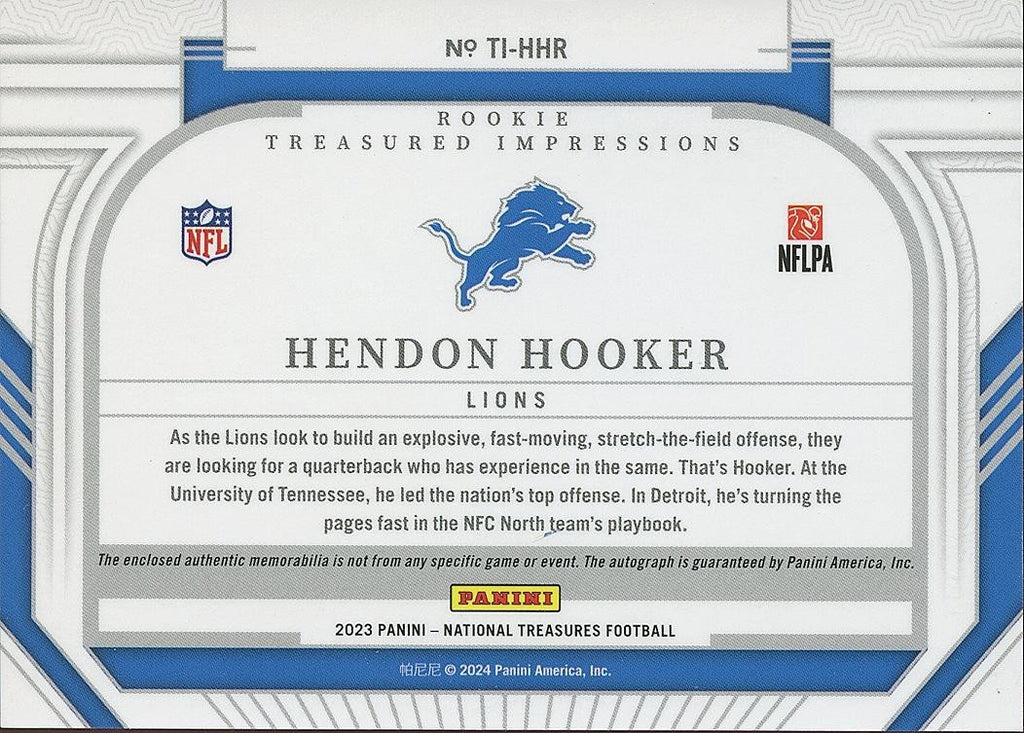 Hendon Hooker 2023 National Treasures Auto Autograph Patch RC Detroit Lions 1/10