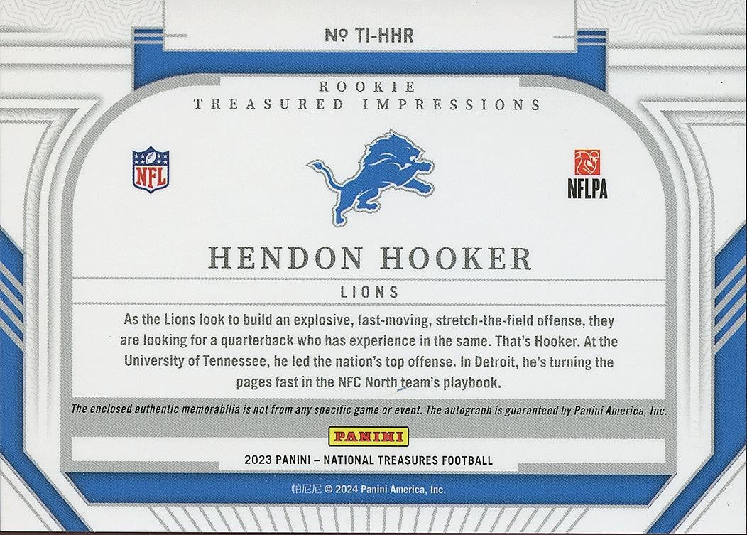 Hendon Hooker 2023 National Treasures Auto Autograph Patch RC Detroit Lions 1/10