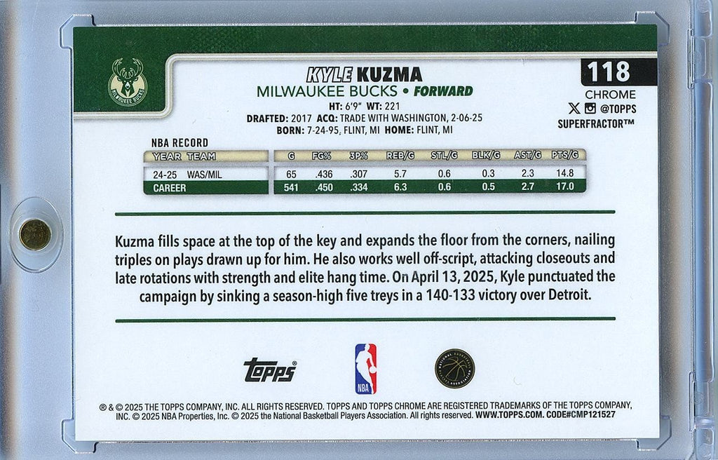 Kyle Kuzma 2025-26 Topps Chrome SUPERFRACTOR 1/1 Milwaukee Bucks #118