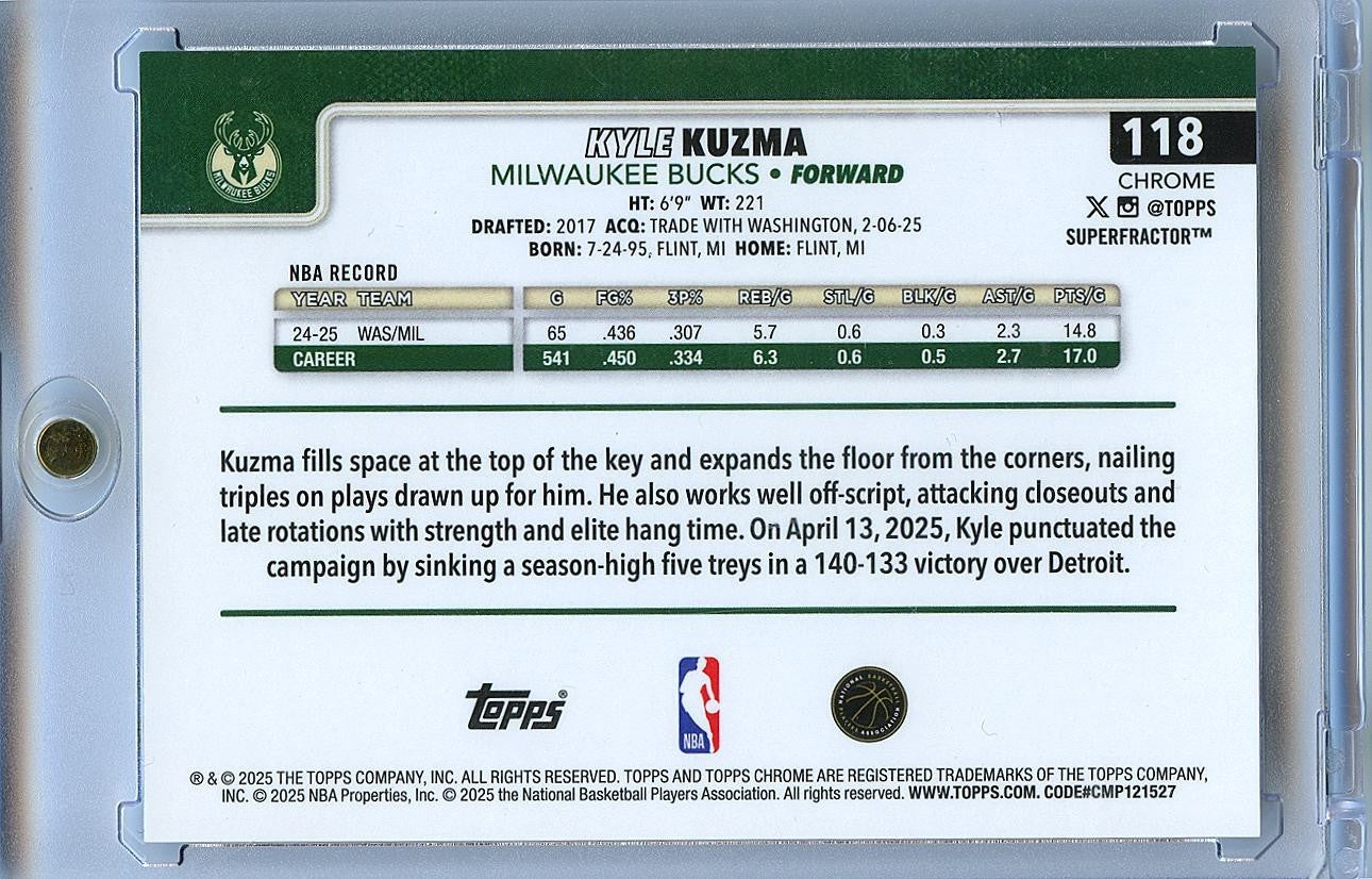 Kyle Kuzma 2025-26 Topps Chrome SUPERFRACTOR 1/1 Milwaukee Bucks #118