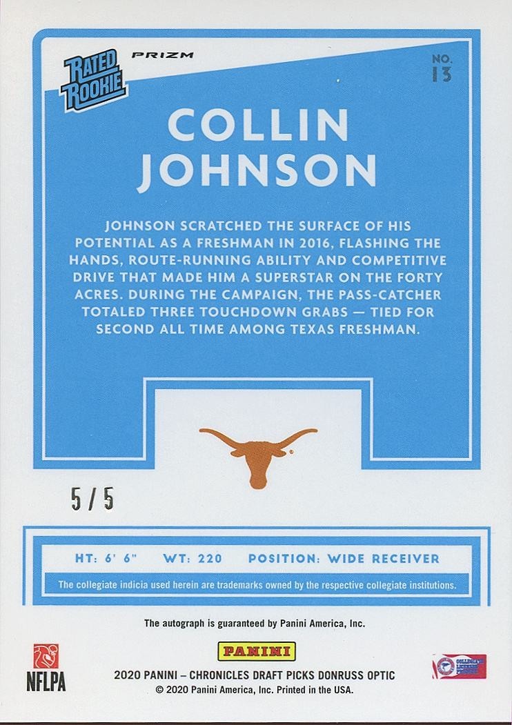 Collin Johnson 2020 Optic Rated Rookie Auto Autograph SSP Texas Longhorns 5/5