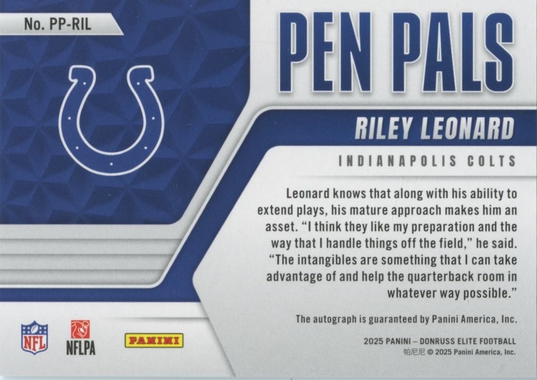 Riley Leonard 2025 Elite Pen Pals Auto Autograph RC Indianapolis Colts