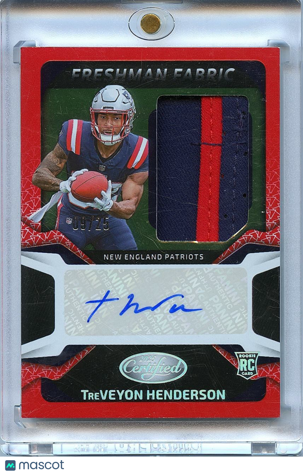 Treveyon Henderson 2025 Certified Auto Autograph Patch Red RC Patriots 9/25