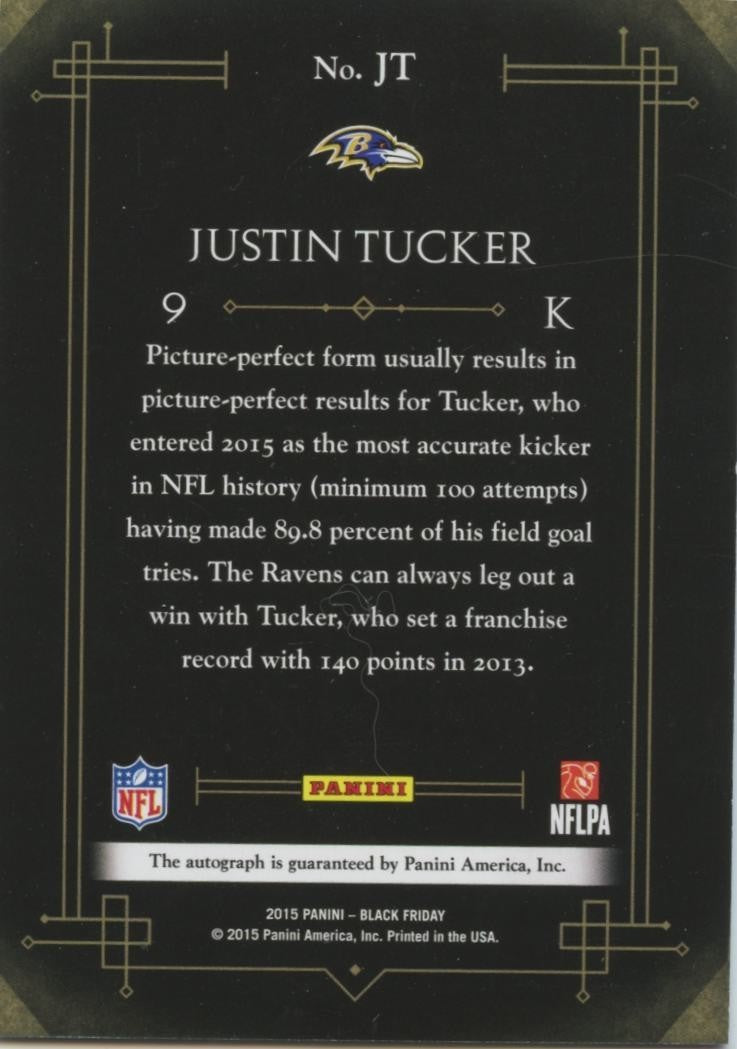 Justin Tucker 2015 Panini Black Friday Auto Autograph Baltimore Ravens 21/25