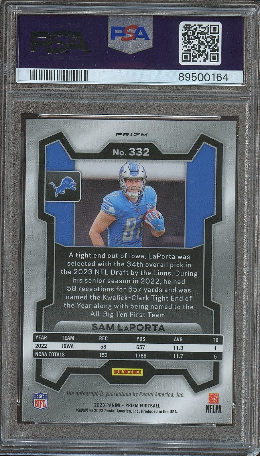Sam Laporta 2023 Prizm Silver Auto Autograph RC Rookie Detroit Lions PSA 9
