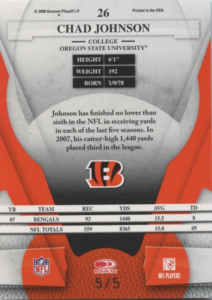 Chad Johnson 2008 Leaf Certified Emerald Green SSP Cincinnati Bengals 5/5 READ