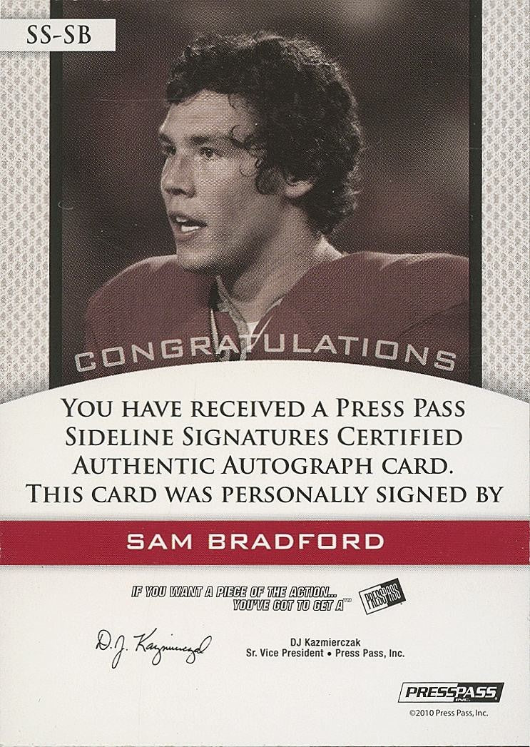Sam Bradford 2010 Press Pass RED INK Auto Autograph RC SSP Oklahoma Sooners 4/25