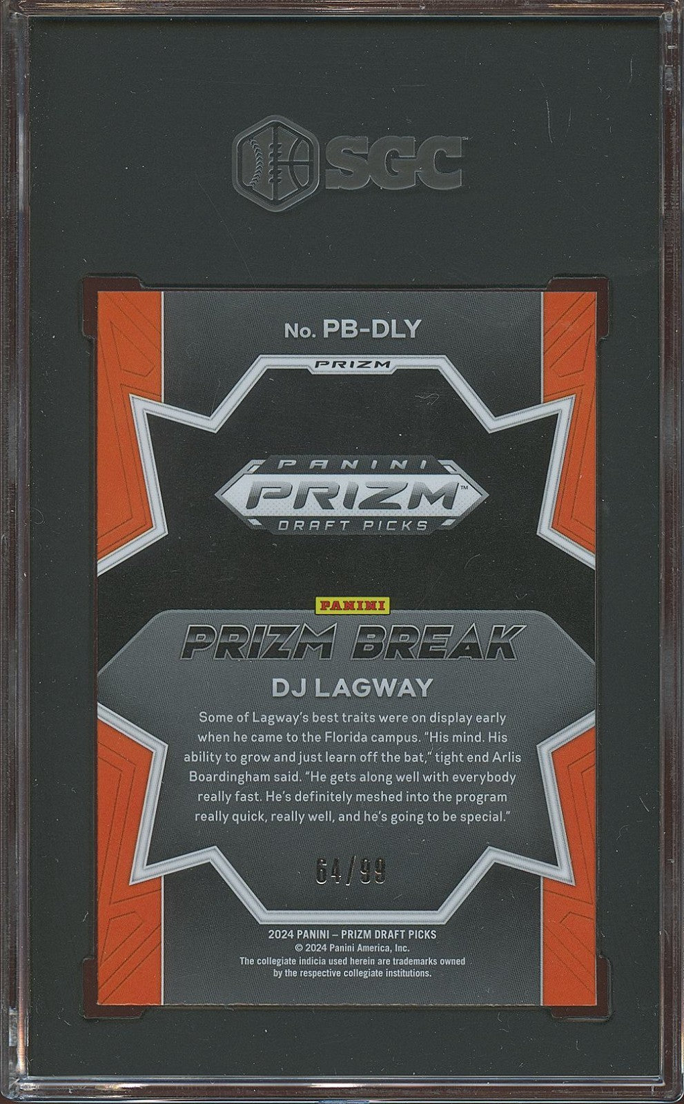 DJ Lagway 2024 Prizm Draft Blue Ice Rookie RC Florida Gators 64/99 SGC 10