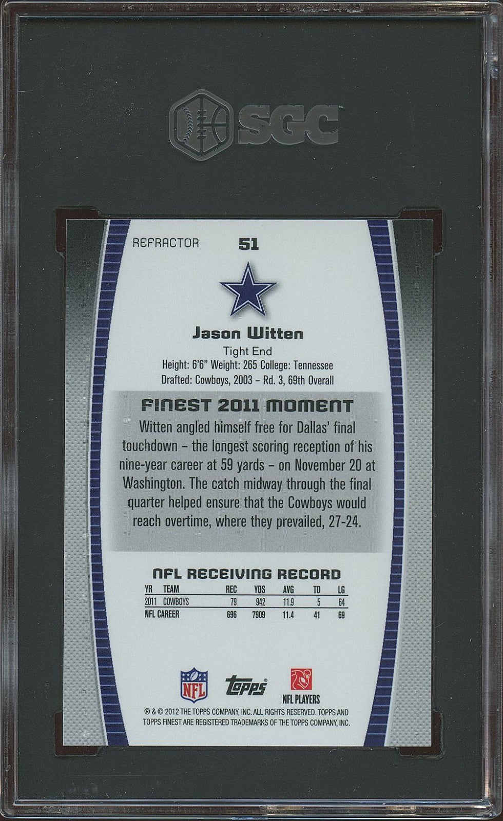 Jason Witten 2012 Topps Finest GOLD Refractor Dallas Cowboys 8/50 SGC 9.5