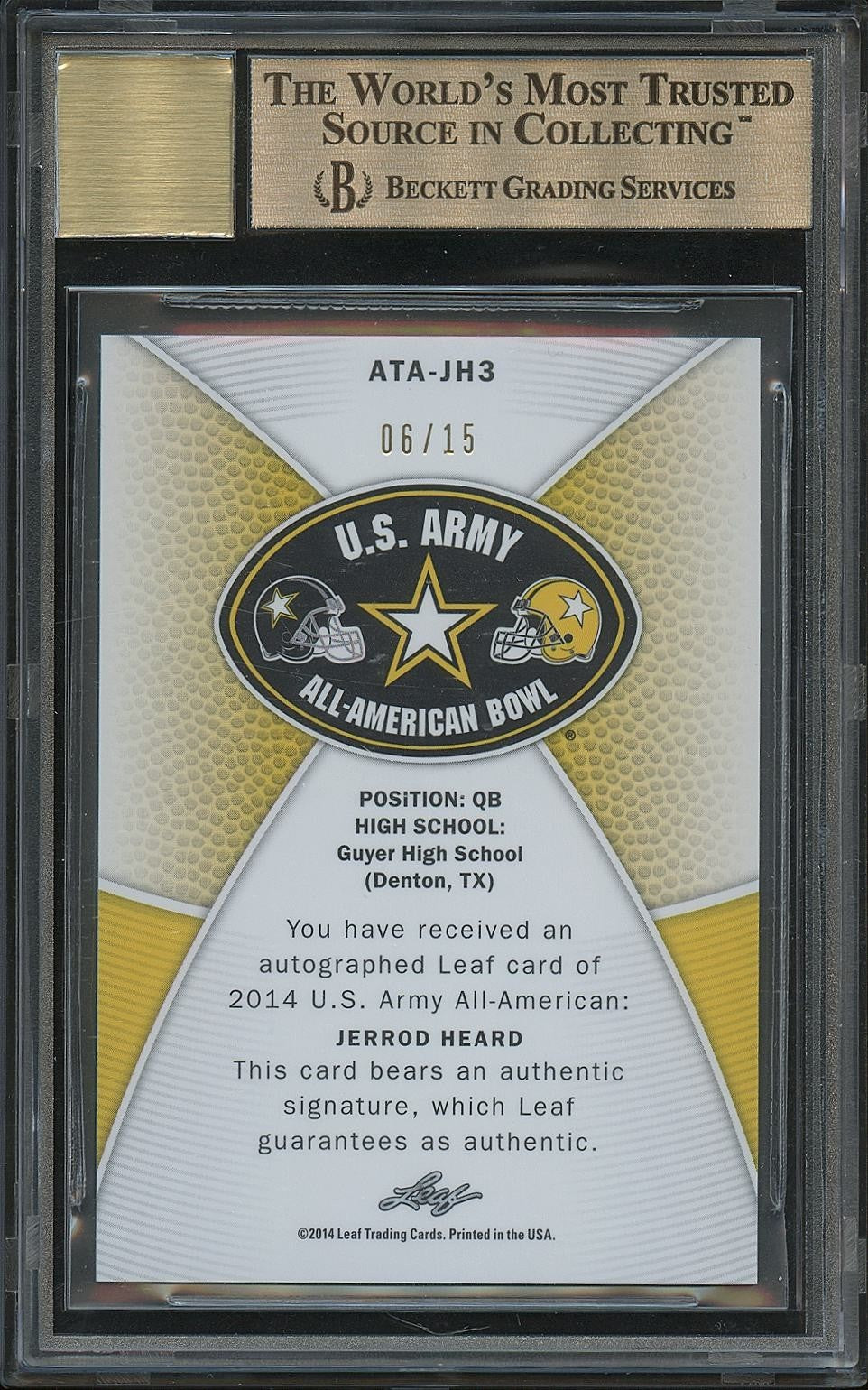Jerrod Heard 2014 Leaf Draft US Army Auto Autograph 6/15 Texas Longhorns BGS 9.5