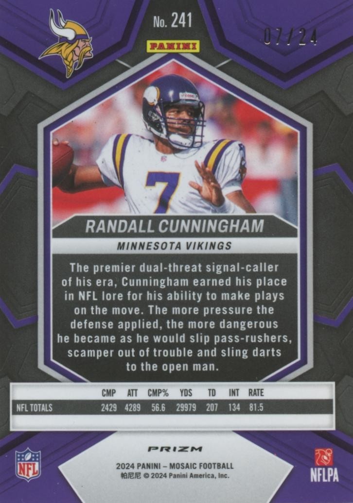 Randall Cunningham 2024 Mosaic Gold Sparkle Prizm Minnesota Vikings 7/24