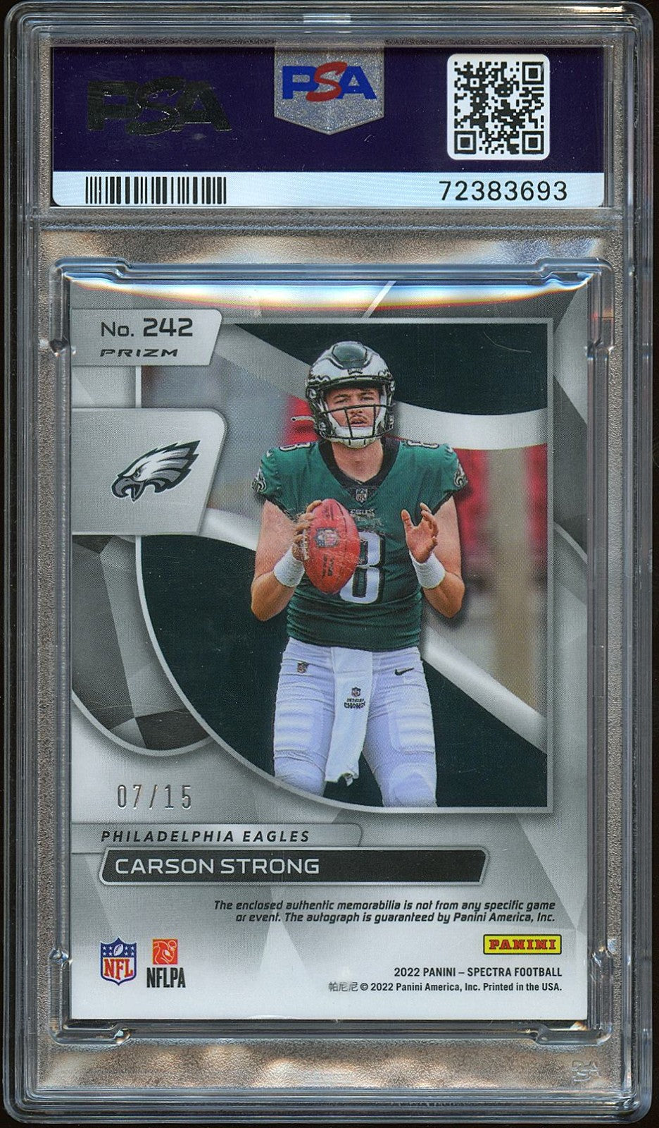 Carson Strong 2022 Spectra Auto Autograph Orange Patch RC Eagles 7/15 PSA 8