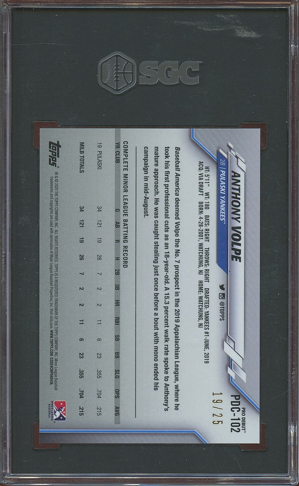 Anthony Volpe 2020 Topps Chrome Pro Debut Orange Refractor Yankees 19/25 SGC 10