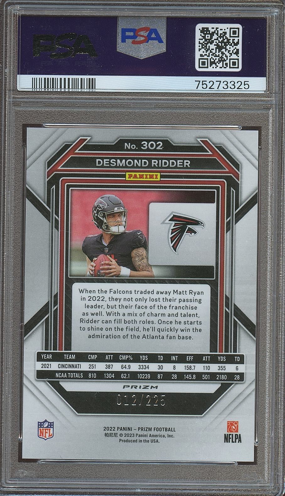 Desmond Ridder 2022 Prizm Purple Ice Prizm RC Atlanta Falcons 12/225 PSA 9