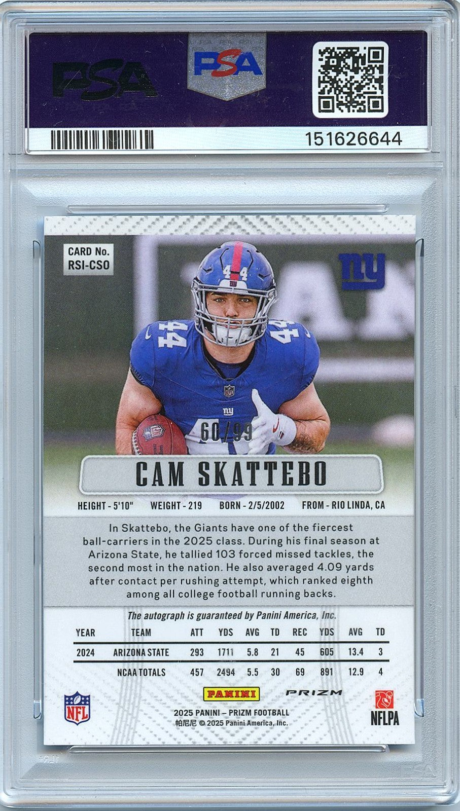 Cam Skattebo 2025 Prizm Blue Ice Auto Autograph RC New York Giants 60/99 PSA 10