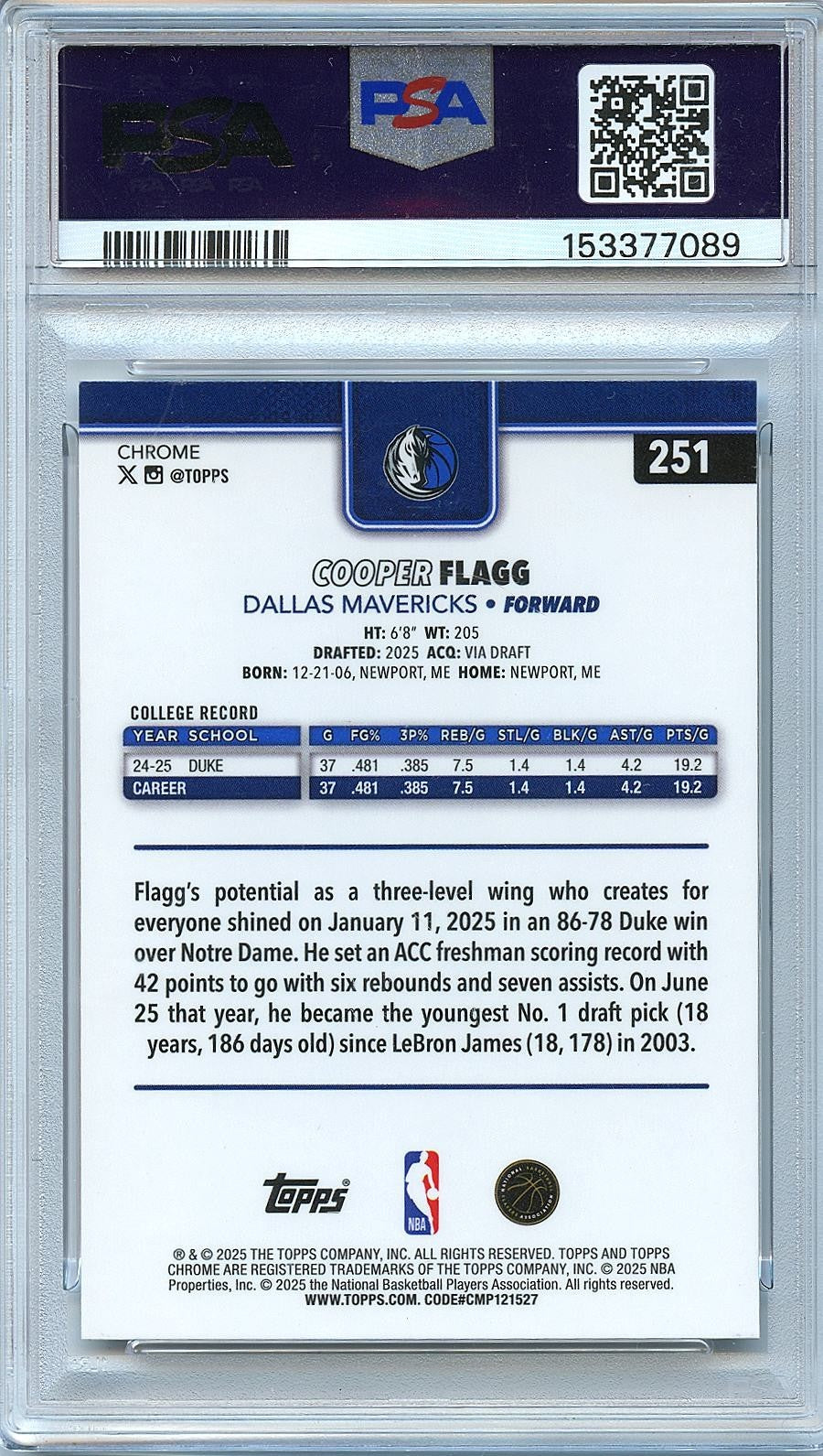 Cooper Flagg 2025-26 Topps Chrome XFractor Rookie RC Dallas Mavericks #251 PSA 9