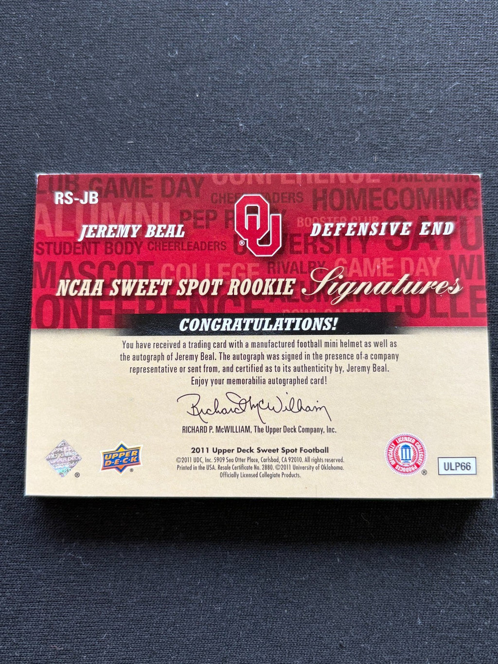 Jeremy Beal 2011 Upper Deck Sweet Spot Auto Autograph Helmet OU Sooners 202/299