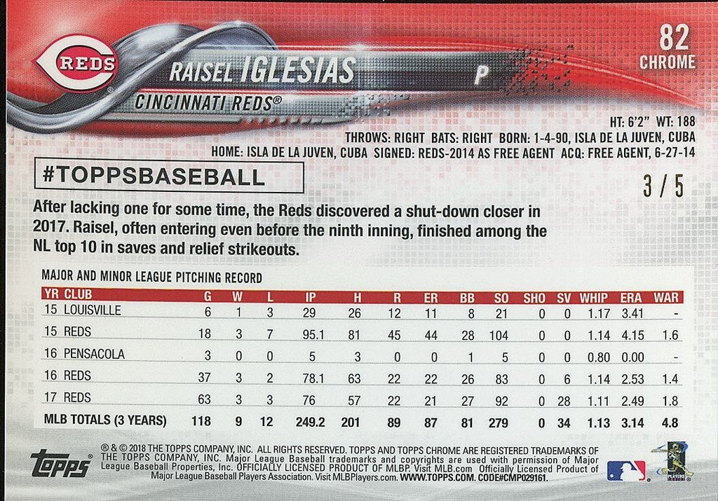 Raisel Iglesias 2018 Topps Chrome RED Refractor Cincinnati Reds 3/5