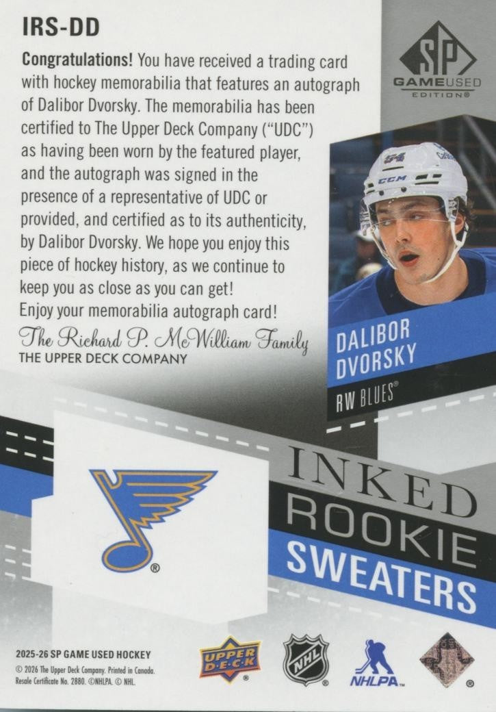 Dalibor Dvorsky 2025-26 SP Auto Autograph Patch Rookie RC Stl Blues 89/99