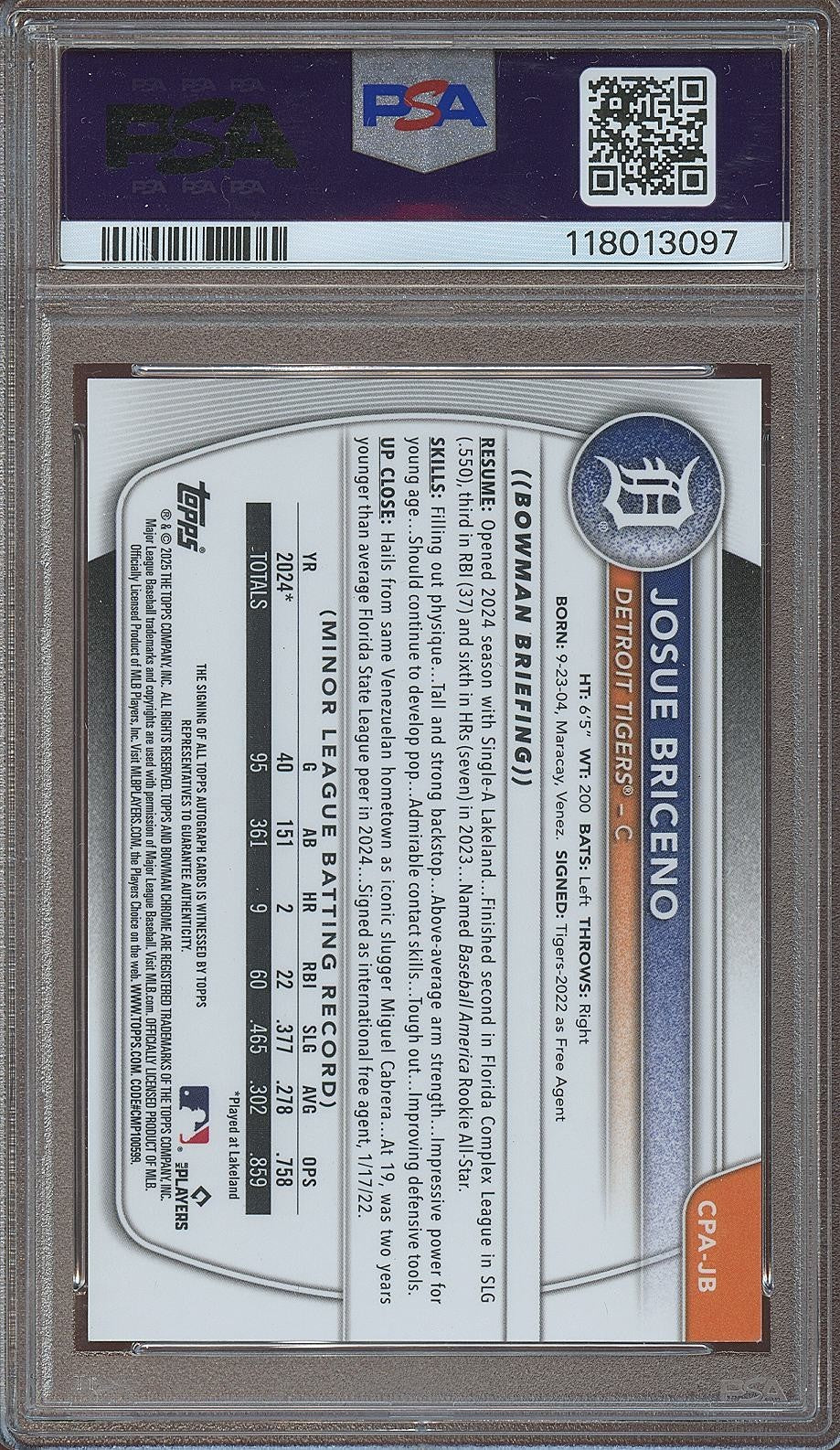 Josue Briceno 2025 Bowman Chrome 1st Orange Reptilian Auto Autograph 15/25 PSA 9