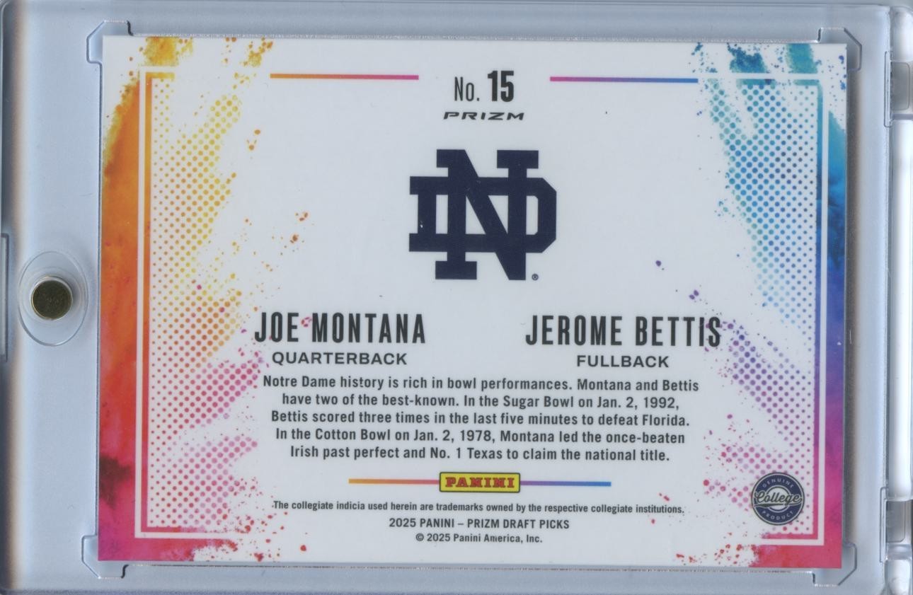 Joe Montana / Jerome Bettis 2025 Prizm Draft Color Blast CASE HIT Notre Dame