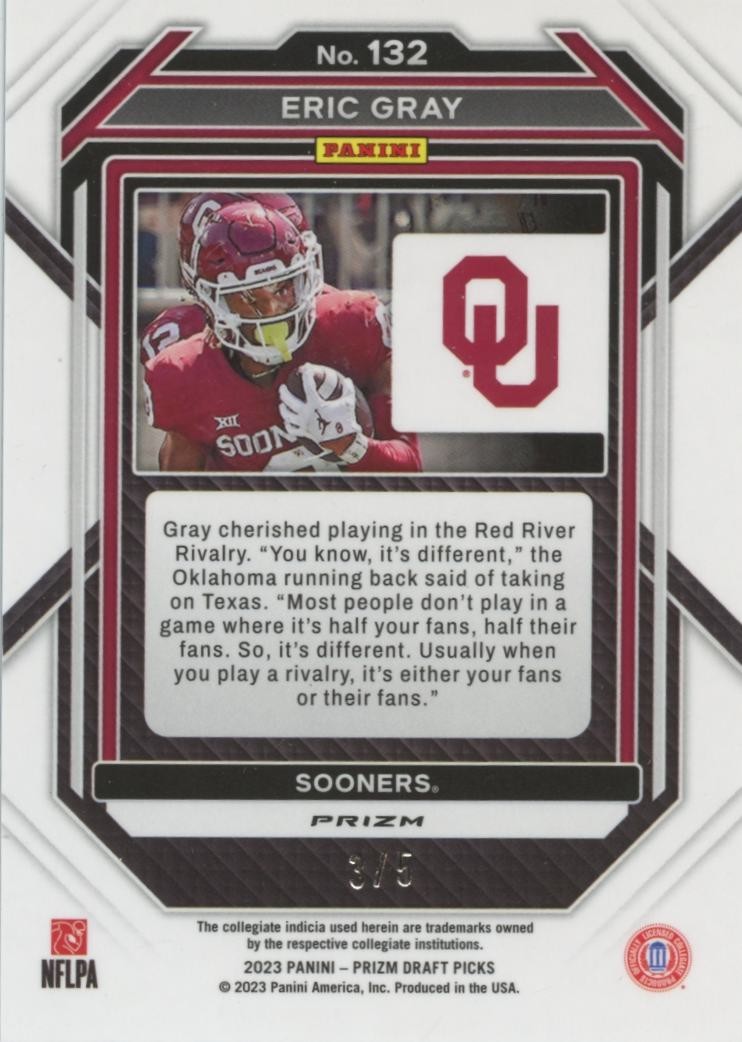 Eric Gray 2023 Prizm Draft Black GOLD Prizm SSP Rookie Oklahoma Sooners 3/5