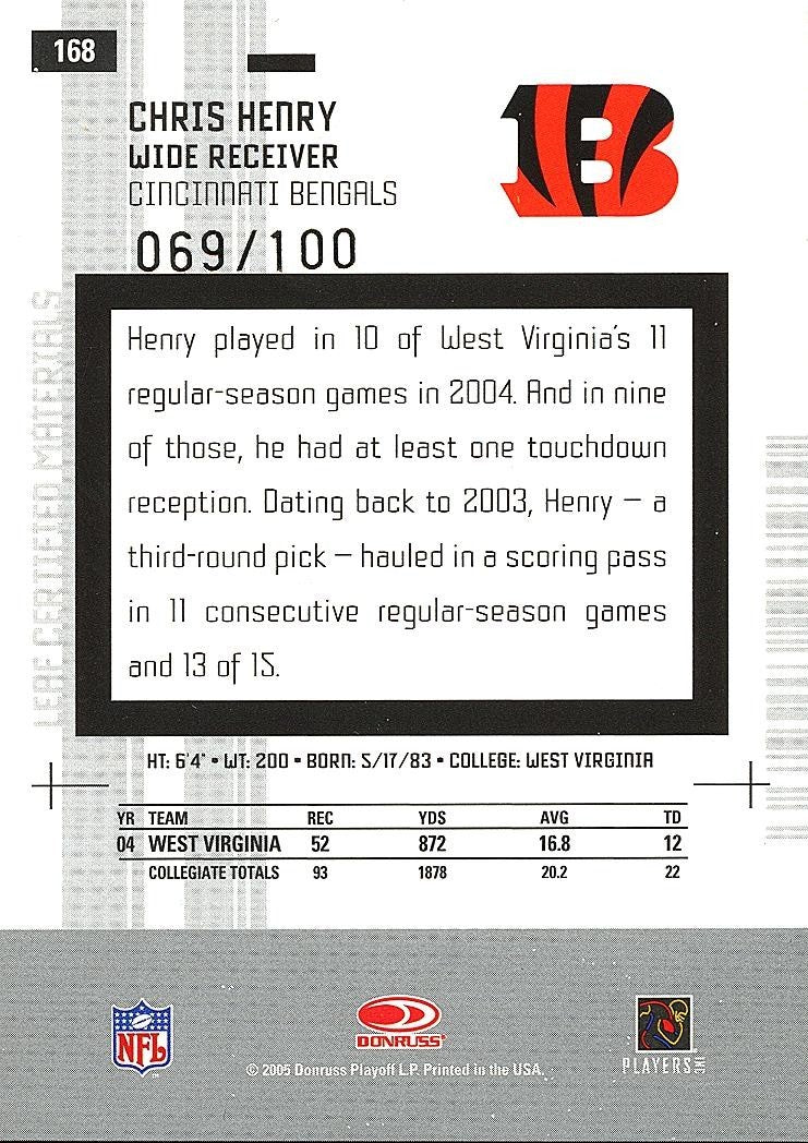 Chris Henry 2005 Certified Auto Autograph RC Rookie Cincinnati Bengals 69/100