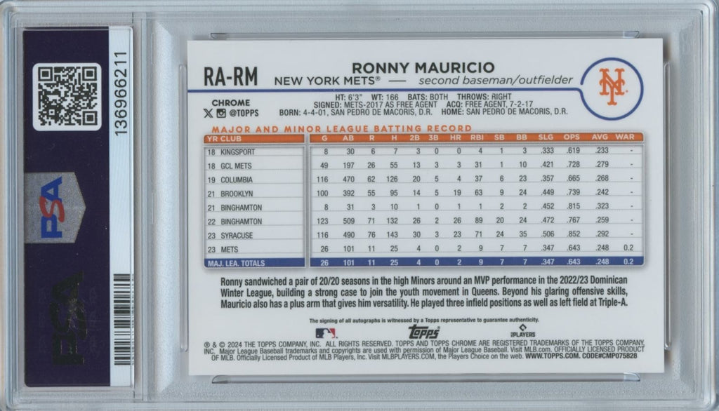 Ronny Mauricio 2024 Topps Chrome ORANGE Auto Autograph RC NY Mets 11/25 PSA 9