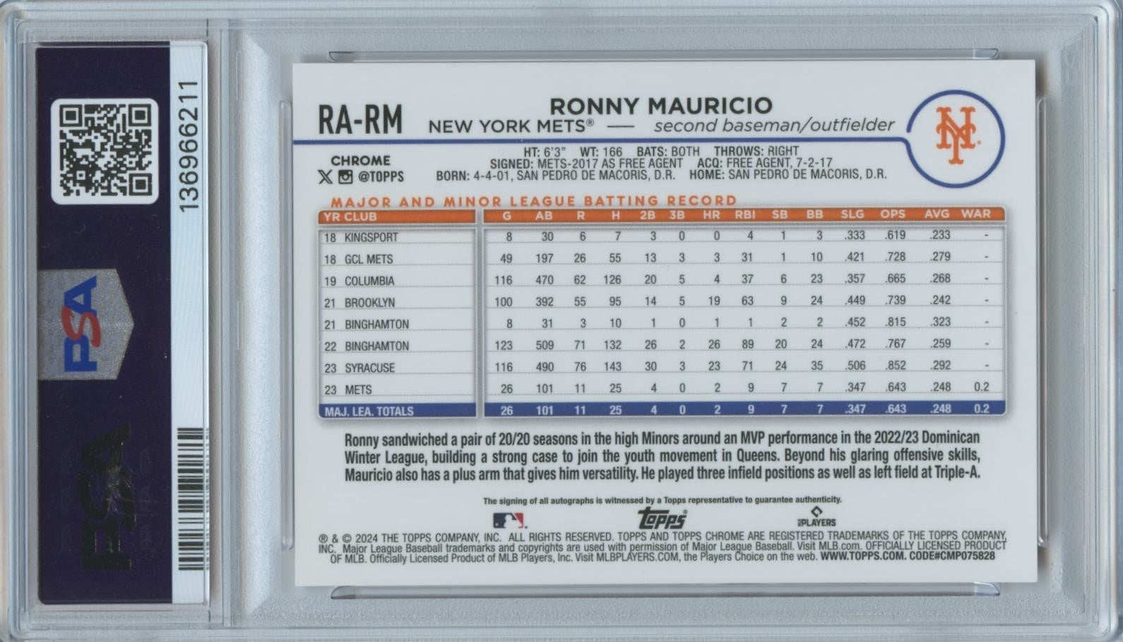 Ronny Mauricio 2024 Topps Chrome ORANGE Auto Autograph RC NY Mets 11/25 PSA 9