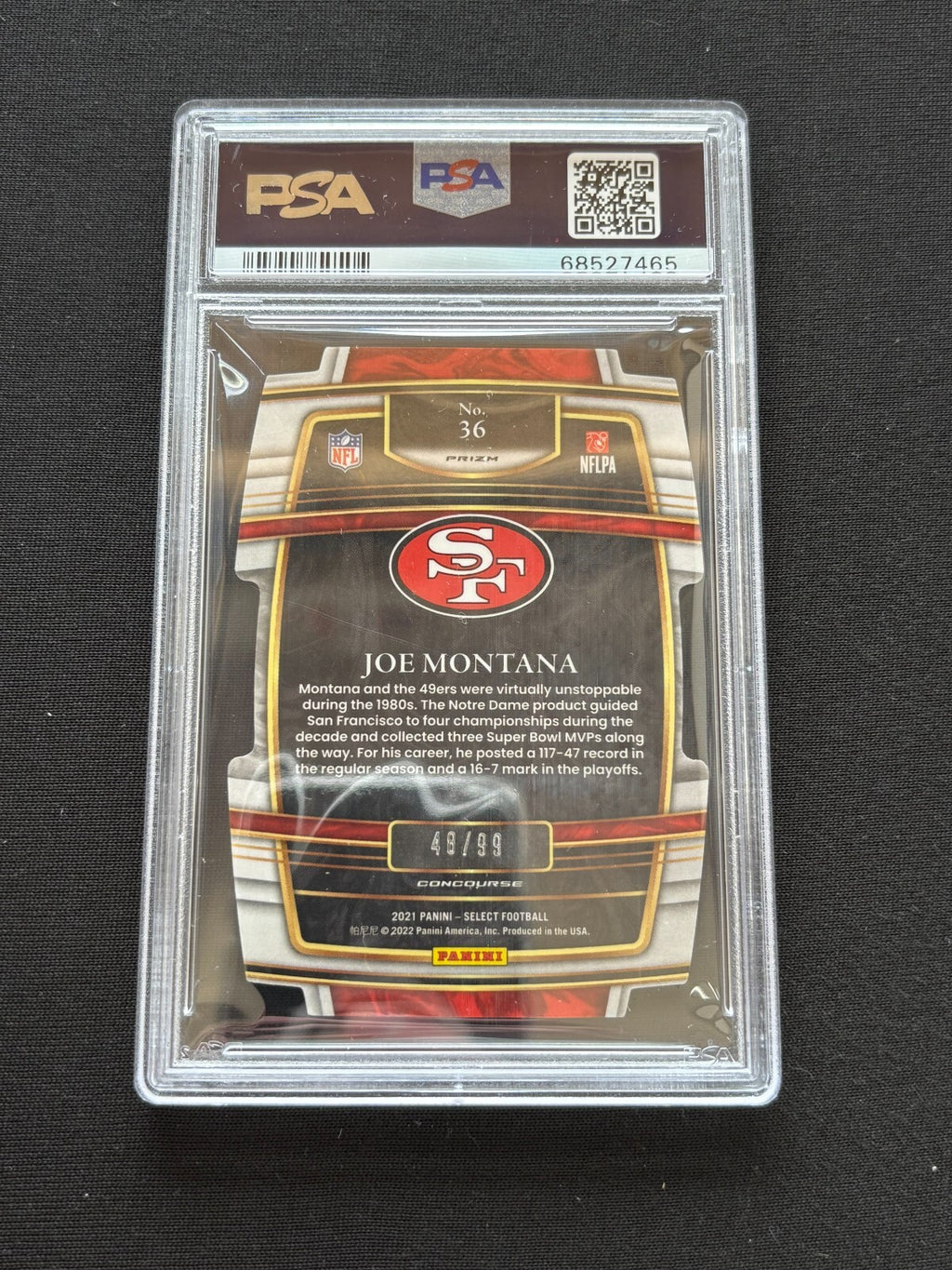 Joe Montana 2021 Select White Die-Cut Prizm San Francisco 49ers 48/99 PSA 9