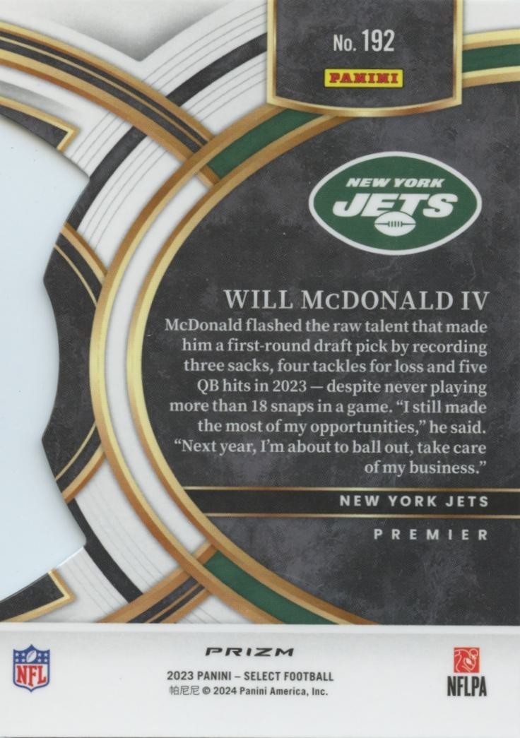 Will Mcdonald IV 2023 Select Zebra Prizm SSP Rookie RC New York Jets #192