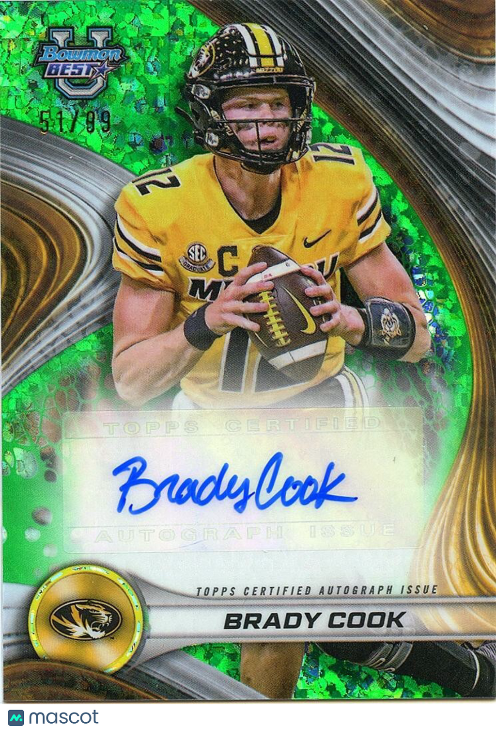 Brady Cook 2024 Bowman's Best Green Auto Autograph RC Missouri Tigers 51/99