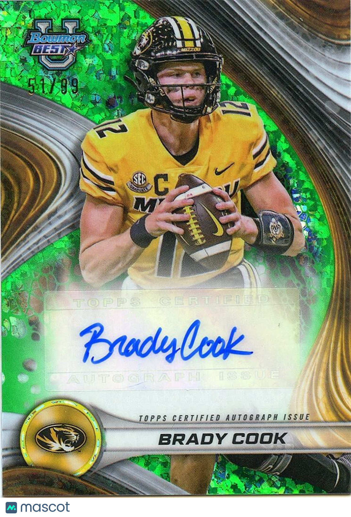 Brady Cook 2024 Bowman's Best Green Auto Autograph RC Missouri Tigers 51/99