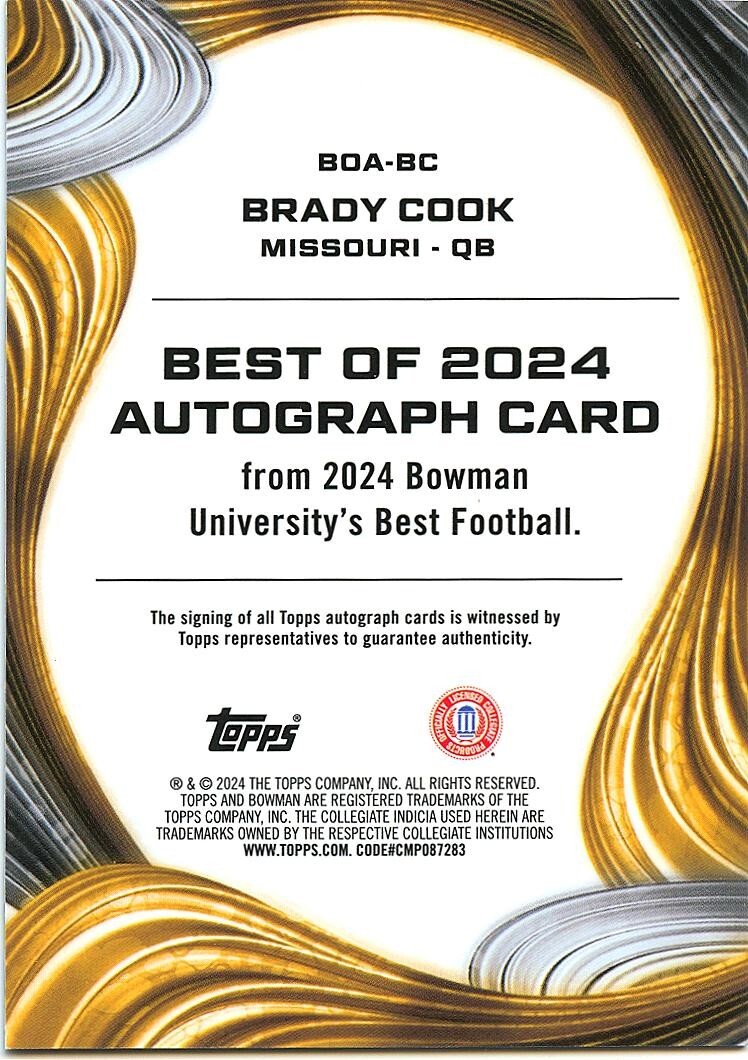 Brady Cook 2024 Bowman's Best Green Auto Autograph RC Missouri Tigers 51/99