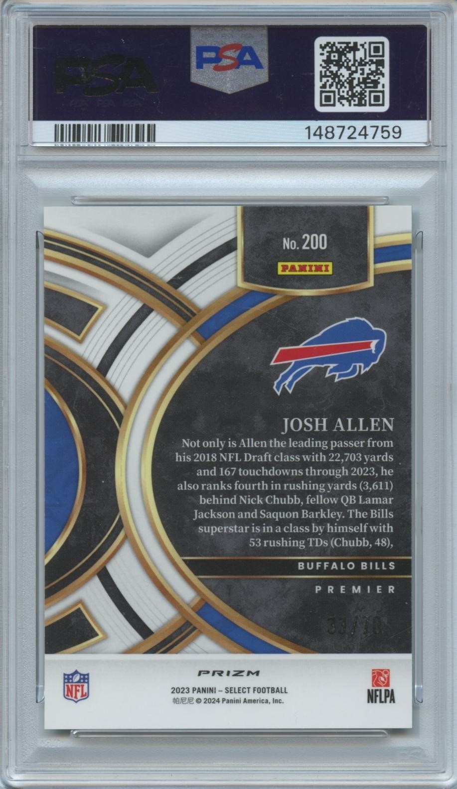Josh Allen 2023 Select Dragon Scale Prizm Buffalo Bills 33/70 PSA 8