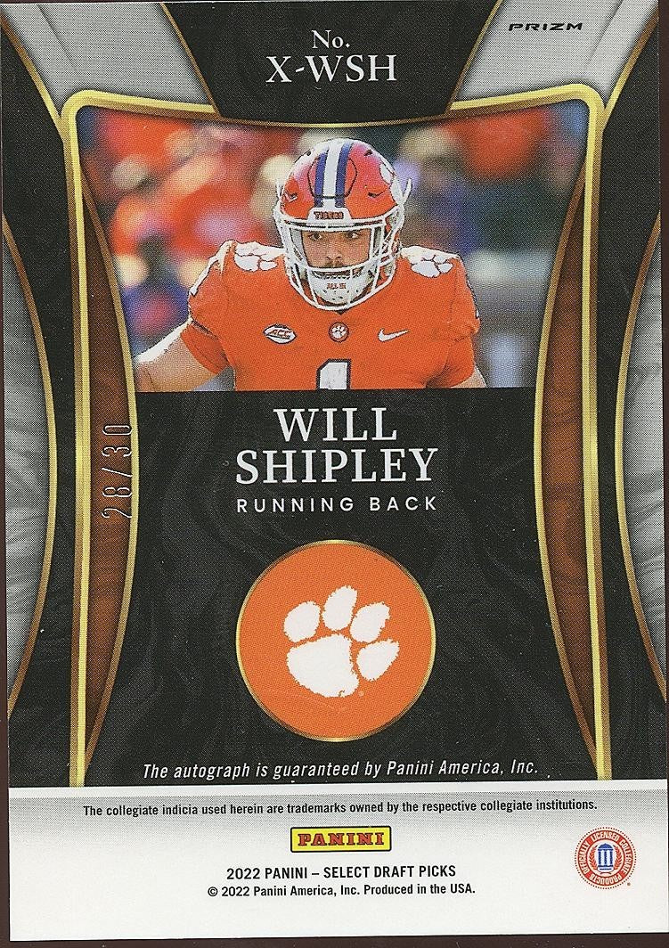 Will Shipley 2022 Select Orange Pulsar Auto Autograph RC Clemson Eagles 28/30