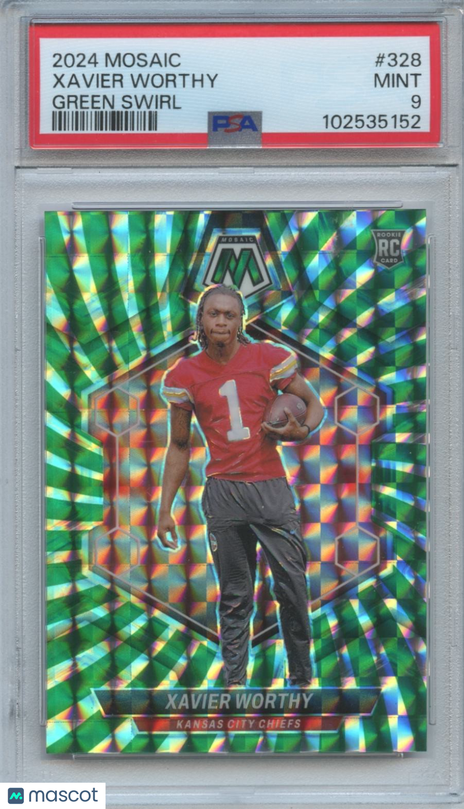 Xavier Worthy 2024 Mosaic Green Swirl SSP Rookie RC KC Chiefs 4/13 PSA 9