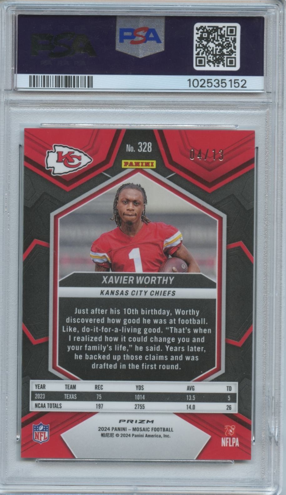 Xavier Worthy 2024 Mosaic Green Swirl SSP Rookie RC KC Chiefs 4/13 PSA 9