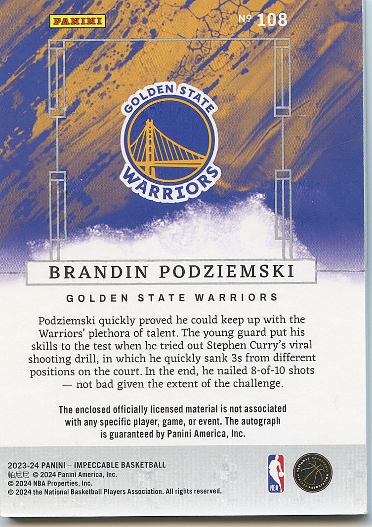 Brandin Podziemski 2023-24 Impeccable Auto Autograph Patch RC Warriors 17/99