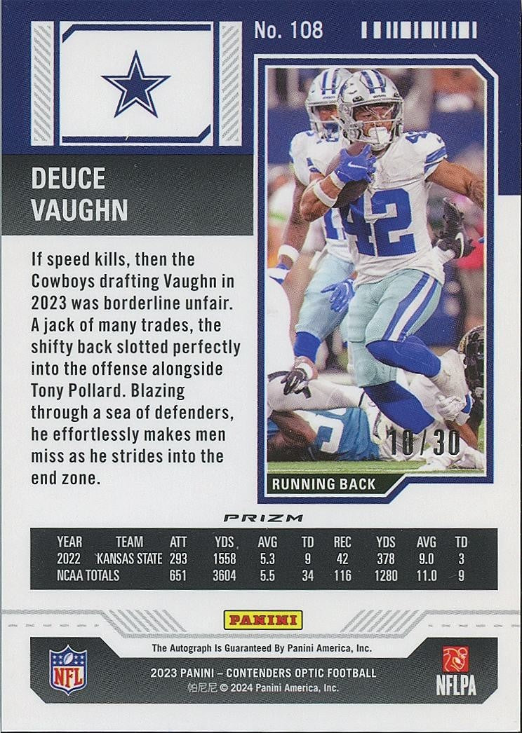 Deuce Vaughn 2023 Contenders Optic Green Pulsar Auto Autograph RC Cowboys 10/30