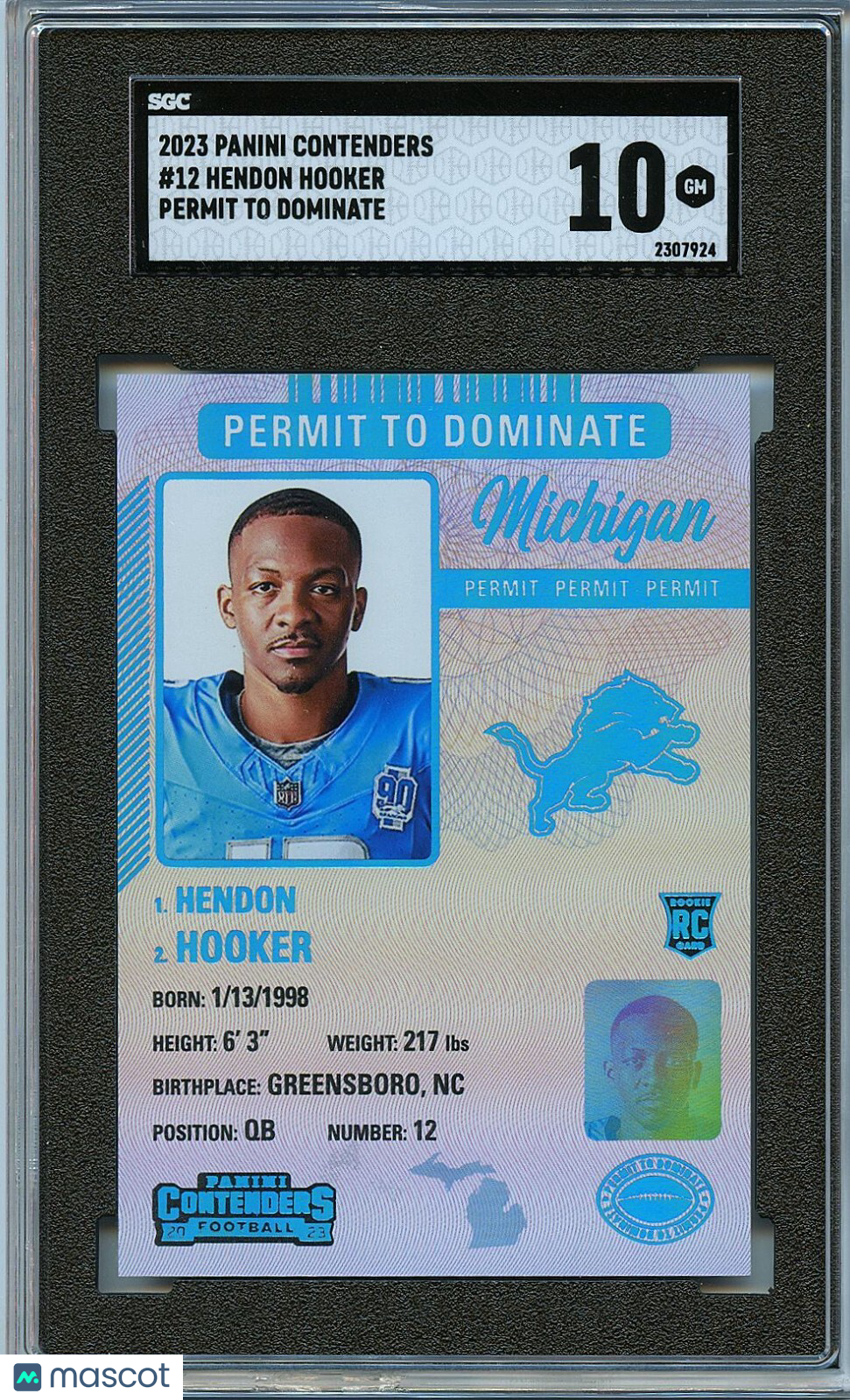 Hendon Hooker 2023 Contenders Permit To Dominate SSP CASE HIT RC Lions SGC 10