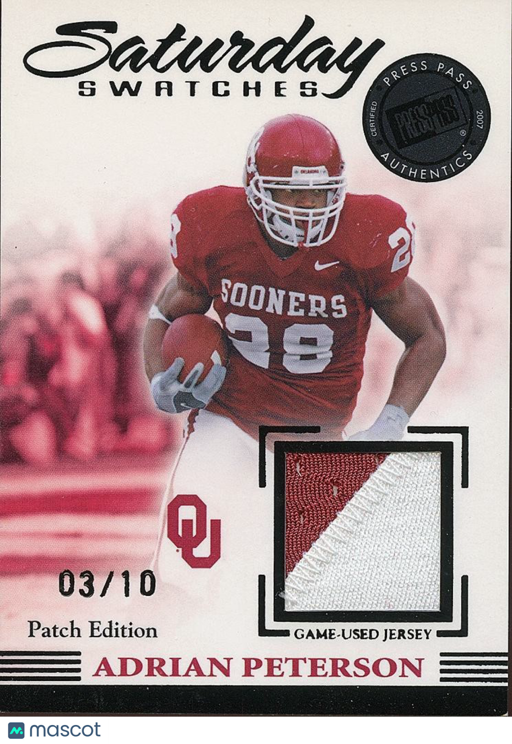 Adrian Peterson 2007 Press Pass Game Worn Jersey Patch RC Oklahoma Sooners 3/10