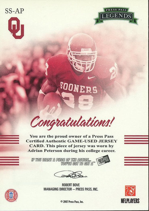 Adrian Peterson 2007 Press Pass Game Worn Jersey Patch RC Oklahoma Sooners 3/10
